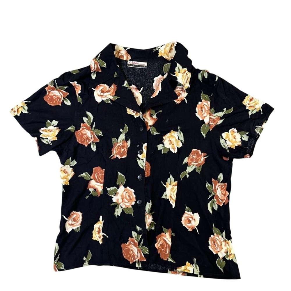 Diana Marco Vintage Floral Rose Print Button Up Blouse Black Short Sleeve Top